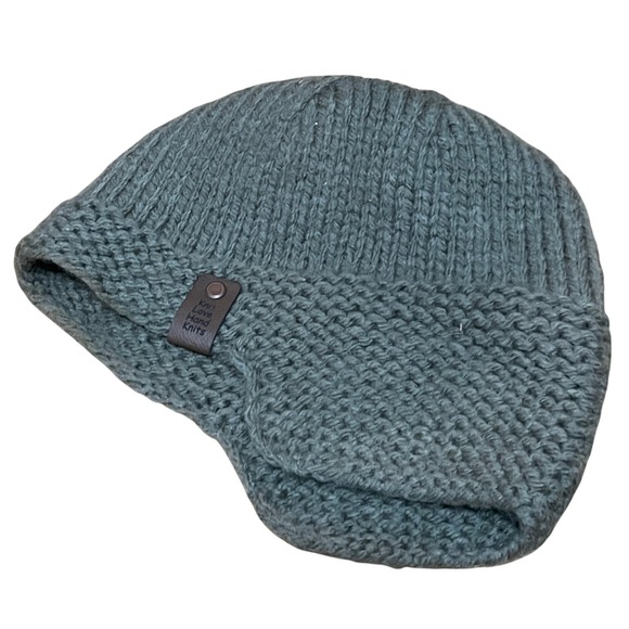Hand Knit Beanie Hat Green Teal Ribbed Fold Over Cuff Outdoor Warm Winter - Picture 1 of 3